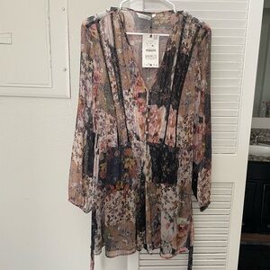 NWT ZARA Sheer Floral Boho Mini Dress L | Long Sleeve V-Neck Tie Waist
